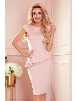 Elegantní dámské midi šaty v pudrově růžové barvě s volánkem 192-13 Elegantní dámské midi šaty v pudrově růžové barvě s volánkem 192-13