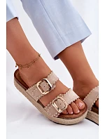 Dámské nazouváky na platformě s pletením zlaté přezky a cvočky béžové