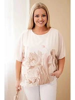 Dámská halenka Plus Size s květinovým potiskem a volným rukávem camelová