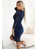 170-15 Krajkové šaty s dlouhými rukávy a výstřihem - tmavě modrá barva