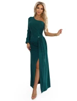 658-2 Třpytivé maxi šaty na jedno rameno s asymetrickými rukávy a rozparkem - lahvově zelené