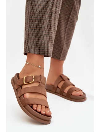 Dámské pantofle s pásky a zlatým sponou, hnědé Ulirissa