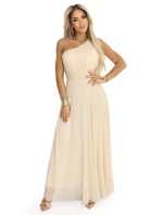656-2 Dlouhé třpytivé večerní šaty na jedno rameno - šampaňsko-béžové