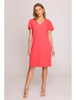 S392 Šaty uvolněného střihu s výstřihem do V - korálová barva