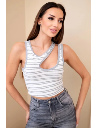 Dámský žebrovaný pruhovaný top bez rukávů s výstřihem šedá