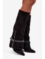 Dámské wsuwané kozačky nad koleno na sloupkovém podpatku s ozdobným páskem Jolivine – černé