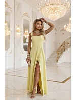 633-3 AURELIA dlouhé svatební šaty s rozparkem a výstřihem typu caro - máslově žluté s třpytkami