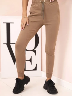 Dámské bavlněné cargo kalhoty s kapsami a řetízkem béžové