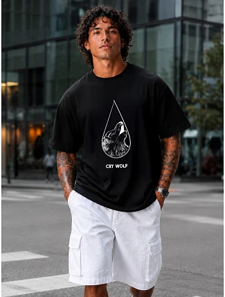 Pánské bavlněné tričko oversize s potiskem černé FashionStreet NX1001R Pánské bavlněné tričko oversize s potiskem černé FashionStreet NX1001R