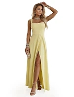 633-3 AURELIA dlouhé svatební šaty s rozparkem a výstřihem typu caro - máslově žluté s třpytkami