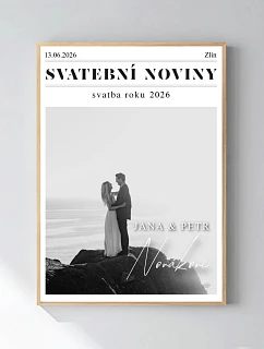 Personalizovaný magický fotoobraz v rámu - 50x70 - svatební noviny