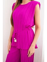 Dámský viskózový plisovaný komplet s halenkou na zavazování a širokými kalhotami tmavě fialový