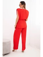 Dámský viskózový plisovaný komplet s vázanou halenkou a širokými kalhotami červený