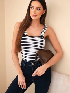 Dámská žebrovaná halenka v proužcích na ramínkách s volánkem tmavě modrá