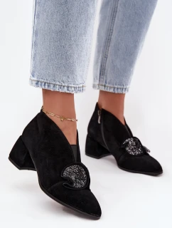 Kožené semišové dámské boty na podpatku s ozdobou D&A MR52-182 Černé
