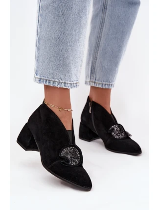 Kožené semišové dámské boty na podpatku s ozdobou D&A MR52-182 Černé