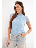 Dámská viskózová krajková halenka s krátkým rukávem a polorolákem modrá Dámská viskózová krajková halenka s krátkým rukávem a polorolákem modrá