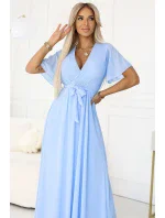 545-2 Dlouhé šaty se skládaným výstřihem a vázáním - MODRÉ