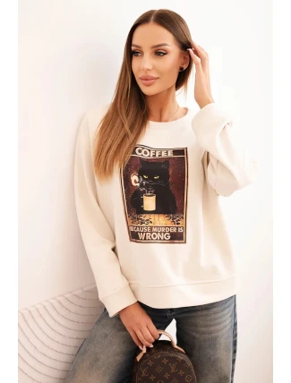 Dámská bavlněná mikina s potiskem kočky a nápisem světlá béžová Dámská bavlněná mikina s potiskem kočky a nápisem světlá béžová