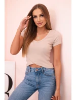 Dámská pruhovaná blůza s V výstřihem a krátkým rukávem béžová