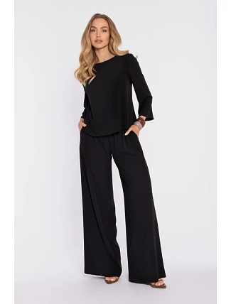 M906 Palazzo kalhoty s pružným pasem a bočními kapsami - černé