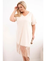 Dámské bavlněné šaty s výstřihem do V a třásněmi Plus size béžová