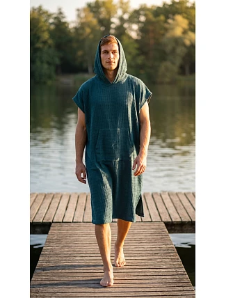 pánské vaflové pončo Saimaa s kapucí Teal pánské vaflové pončo Saimaa s kapucí Teal