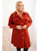 Dámský kabát Plus Size s vlnou na knoflíky s kapsami a límcem rudy
