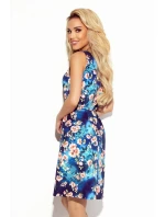 Dámské trapézové šaty s výstřihem a vzorem růžových květů na tmavě modrém pozadí 377-2
