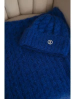 Dámský komplet čepice a šály s proužky s ozdobou modrý