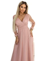 664-1 Dlouhé maxi šaty s tylovými rukávy a obálkovým výstřihem - pudrově růžové