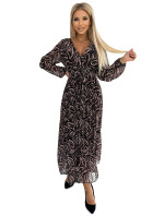 Dlouhé dámské plisované šifonové šaty s výstřihem, dlouhými rukávy, páskem a s hnědým zebřím vzorem 511-2