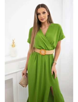 Dlouhé šaty s ozdobným páskem oliva