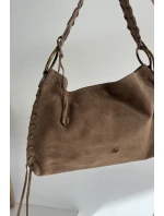 Kožená semišová kabelka s ozdobným šněrováním tmavě béžová Janelis Kožená semišová kabelka s ozdobným šněrováním tmavě béžová Janelis