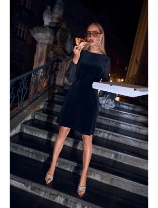 M886 Sametové šaty s šifonovými rukávy - černé M886 Sametové šaty s šifonovými rukávy - černé