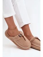 Dámské chlupaté papuče s kožíškem a výšivkou – béžové Perivelle