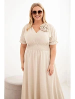 Dámské šaty Plus Size s výstřihem do V a nařaseným pasem tmavě béžové