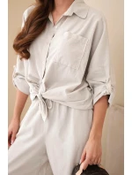 Dámský bavlněný komplet s vázanou košilí a širokou nohavicí béžový