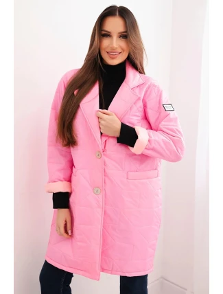 Dámská bunda Plus Size prošívaná s ozdobnými knoflíky a límcem jasno růžová