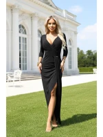 404-13 Elegantní dlouhé šaty s obálkovým výstřihem a rozparkem - černé