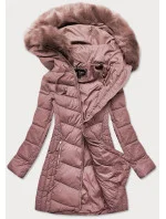Dlouhá dámská prošívaná zimní bunda ve starorůžové barvě (7689)