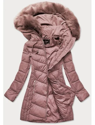 Dlouhá dámská prošívaná zimní bunda ve starorůžové barvě (7689)
