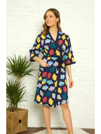 Dámský župan Y19260 tm. modrý s lístky - La Penna Dámský župan Y19260 tm. modrý s lístky - La Penna