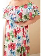 Dámské Plus Size maxi šaty s volánem, odhalenými rameny a elastickým pasem fuchsiové