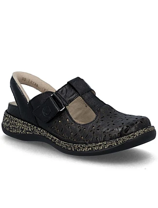 Dámské kožené ažurové sandály pohodlné široké černé Rieker 46397-00