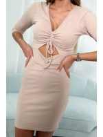 Žebrované šaty s vázaným výstřihem béžové