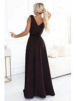 643-10 Elegantní večerní maxi šaty s rozparkem a růžemi – čokoládově hnědé