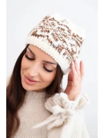 Dámská zimní vlněná čepice s norským vzorem K354 ecru+camelový