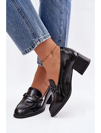 Kožené lakované dámské lodičky na podpatku Vinceza 18116 Černé