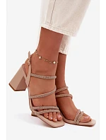 Dámské sandály na podpatku s pásky a kamínky Béžové Brelia